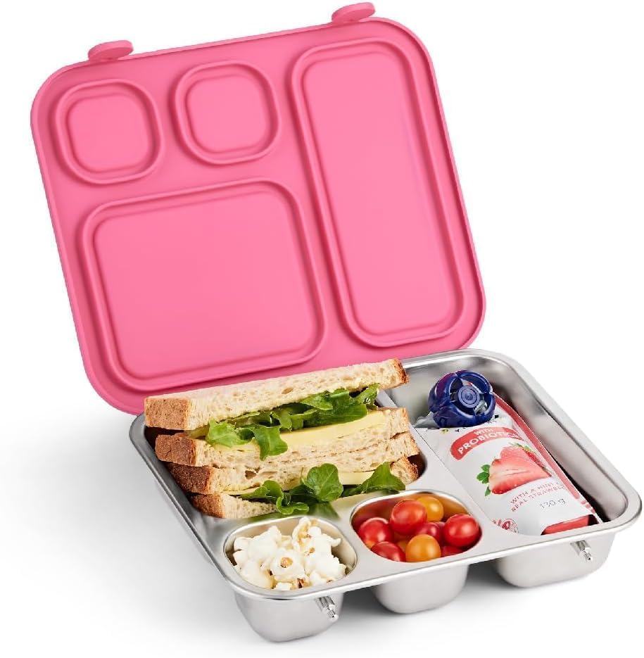 Elk and Friends Kids Stainless Steel Bento Box with Silicone Lid | Leak-proof | Toddler Lunch Container | 4 Compartments | Dishwasher Safe - color: Pink