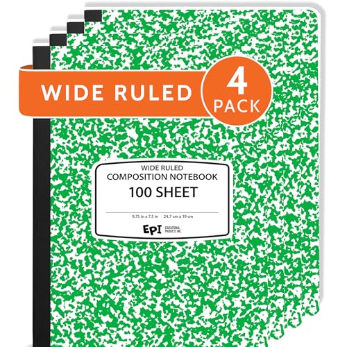 4 Pack - EPI Wide Ruled Marble Composition Notebook - Green 200 Page Note Book - 9.75 x 7.5 Inch Hardcover Journal with Sewn Binding for Secure Pages - Classroom Back to School Supplies - color: Green, size: 4
