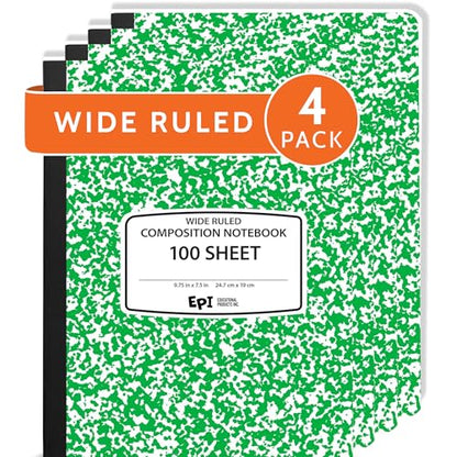 4 Pack - EPI Wide Ruled Marble Composition Notebook - Green 200 Page Note Book - 9.75 x 7.5 Inch Hardcover Journal with Sewn Binding for Secure Pages - Classroom Back to School Supplies - color: Green, size: 4