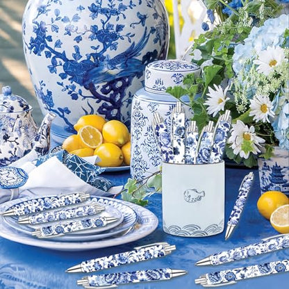 Blue and White Porcelain Pens Set – Elegant Ceramic-Inspired Writing Pens with Smooth Black Ink – Classic Gift for Students, Teachers, Office Use, Party Favors, Holidays, and Everyday Writing, 8 Pack - style: Blue and White Porcelain