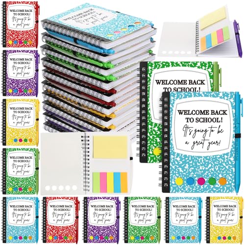 Dunzoom 40 Pcs Welcome Back to School Gifts Bulk Spiral Notebooks with Sticky Notes Motivational Pens First Day of School Notepads Party Favor for Teacher Student Classroom(Composition) - style: Composition