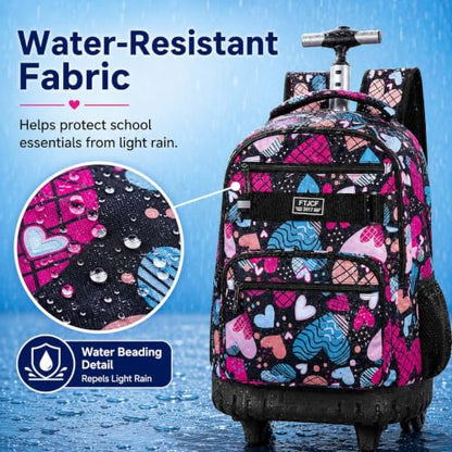 gxtvo Rolling Backpack for Girls, Adults Wheeled Bookbag with Lunch Box for Women, Kids Water Resistant Roller School Bag for College Teens Travel - Love Heart - color: Love Heart