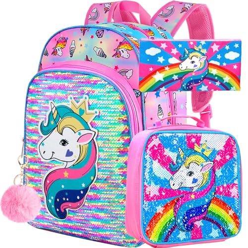 gxtvo 3PCS Girls Backpack, 16" Sequin Prechool Elementary Bookbag and Lunch Box - color: Unicorn Pink