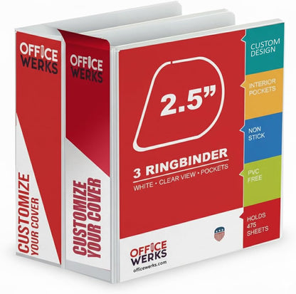 2.5 Inch 3 Ring Binder 2 Pack, Angle D-Ring, Holds 475 Sheets, Professional Presentation for 8.5 x 11 with Pockets, Clear View Customizable Cover, PVC-Free Non-Stick, White - Ring Binder Depot