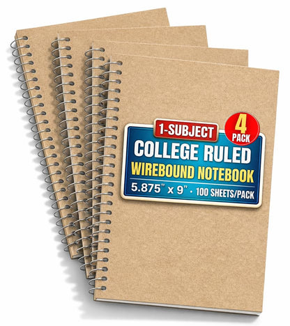 1InTheOffice Wirebound Spiral College Ruled Notebook 6 x 9, 3 Subject Notepad, Kraft Cover, 100 Sheets, (4/Pack)