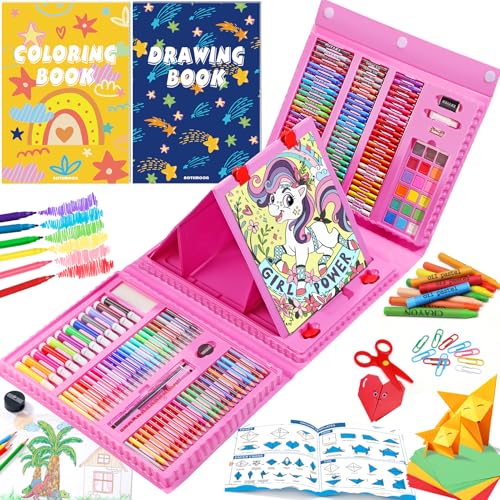 All in One Art Supplies with Drawing Kit, Origami & Paper-Cutting Crafts | Art Set with Easel, Colored Pencils, Crayons, Drawing & Coloring Book, Watercolor Markers and More for Kids Teens Girls Boys - color: Pink