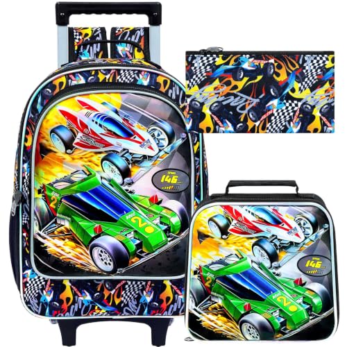 WZLVO 3PCS Kids Rolling Backpack, 18" Race Car Print Rolling Bookbag, Includes Matching Lunch Bag & Pencil Bag - Red Racing Speed - color: 3PCS Boys Rolling Backpack - Red Racing Speed