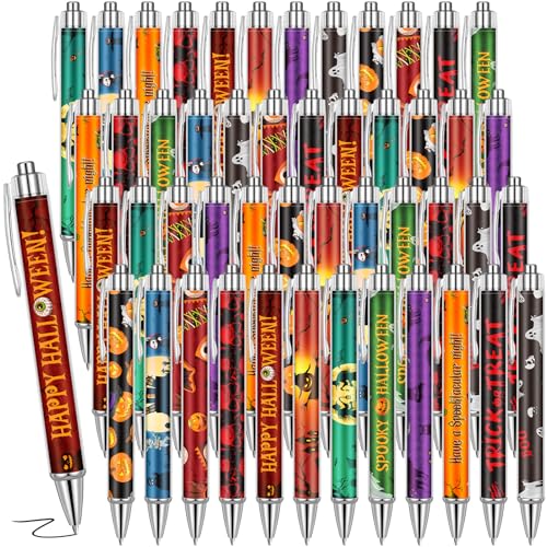 Cholemy 48 Pieces Halloween Pens Bulk Halloween Party Ballpoint Pens Retractable Novelty Pumpkin Skeleton Bat Spider Gel Ink for Office Party Supplies - style: Pumpkin