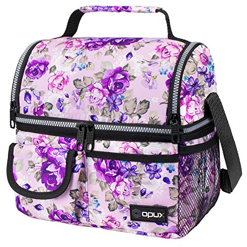 opux Insulated Lunch Bag Women Men, Dual Compartment Leakproof Lunch Box Adults Kids, Double Decker Meal Prep Bento Lunch Cooler Tote with Shoulder Strap for Work Office School Travel, Floral Purple - color: Floral Purple