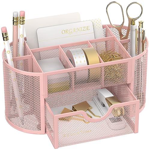 SUPEASY Mesh Desk Organizer, Desk Accessories & Workspace Organizers with Drawers, Pencil Holder for Desk with 9 Compartments for Office Suppliess, School, Classroom, 8.6 x 4.3 x 4.1 Inch, Pink - color: Coral Pink