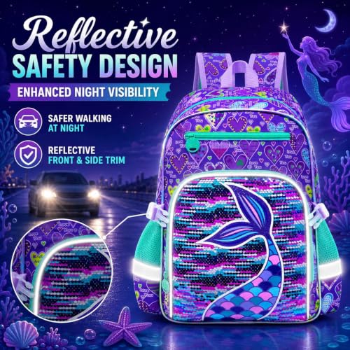 gxtvo 3PCS Girls Backpack, 16" Sequin Prechool Elementary Bookbag and Lunch Box - color: Reversible Sequins Fishtail Clip-on Backpack