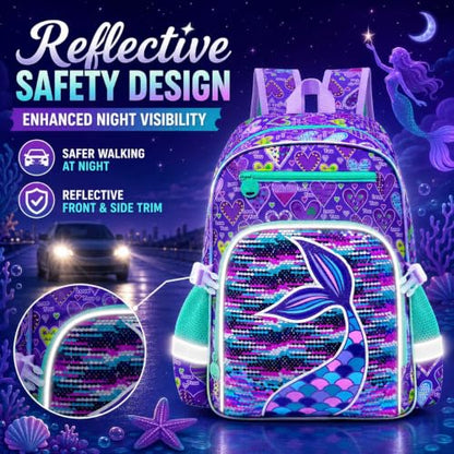 gxtvo 3PCS Girls Backpack, 16" Sequin Prechool Elementary Bookbag and Lunch Box - color: Reversible Sequins Fishtail Clip-on Backpack