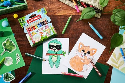 STABILO Trio thick short Animal Vibes - Triangular Colouring Pencil - Pack of 12 - Assorted Colours - style: Trio thick short