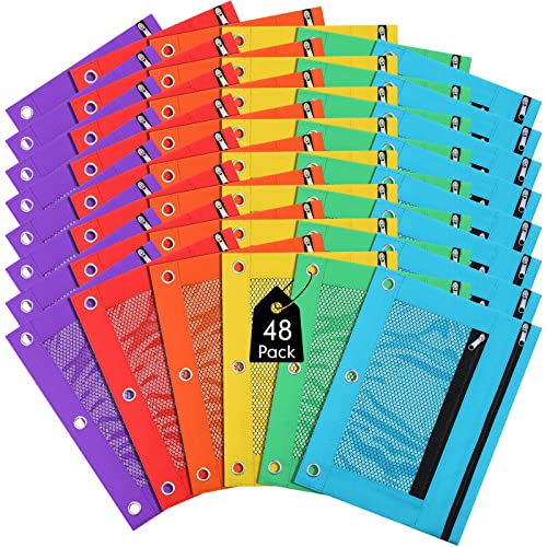 Leelosp 48 Pack Pencil Pouch for 3 Ring Binder Mesh Zipper Pencil Case Bags Binder Pouches Bulk for School Writing Utensils Storage Supplies (Red,Orange,Yellow,Green,Aqua,Purple) - color: Red, Orange, Yellow, Green, Aqua, Purple
