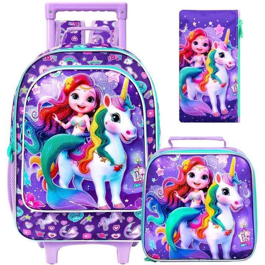 18" Unicorn Rolling Backpack for Girls, Kids School Backpacks with Wheels, 3Pcs Mermaid Roller Bookbag with Lunch Box for Preschool Toddler Elementary(Purple) - color: Unicorn Mermaid Purple