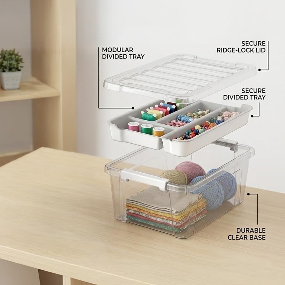 8-Quart Clear Plastic Storage Box with Removable Tray 2-Pack Craft Bins Organizers Containers