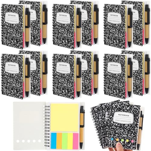 Dunzoom 12 Sets Spiral Notebook Bulk, Steno Pads Lined Notepad with Pen, Sticky Notes Colored Index Tabs, 5.2" x 4.1" Pocket Notebook for Home Business Office Supplies, 60 Sheets (Black) - color: Black