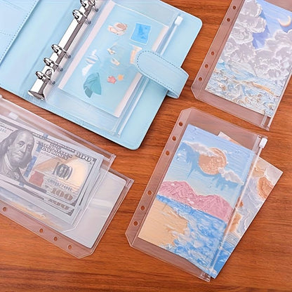 5PCS 6 Holes A5 Binder Pockets Clear Zipper Folders for 6 Ring Loose Leaf Notebook Waterproof PVC Organizer