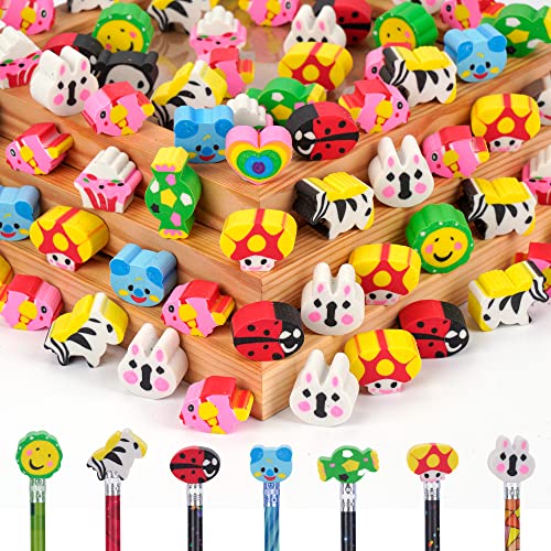 200 Pieces Cartoon Cute Animal Pencil Erasers Pencil Eraser Toppers Rabbit Zebra Mushroom Ladybug Pencils Caps for Office Classroom Supplies