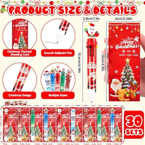 30 Sets Christmas Multicolor Pens 10-in-1 Fun Retractable Cartoon Ballpoint Pens Bulk with Greeting Card for Christmas Party Favors Stocking Stuffers Office Supplies Classroom Gifts - style: Christmas