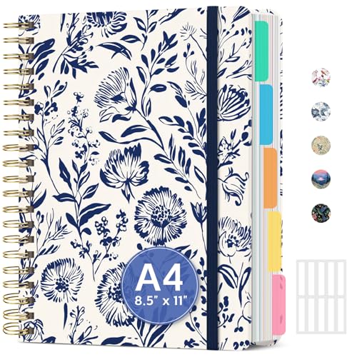 Large Lined Spiral Journal for Women Cute Hardcover 5 Subject Notebook for Work 8.5" x 11" with Removable Dividers & Tabs, College Ruled, 280 Pages Aesthetic Journal for Work, School & Note Taking, Blue Filigree - color: C - Blue Filigree