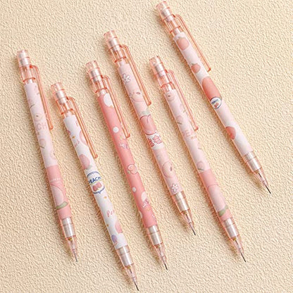 MOZXIRZ 6 Pcs Cute Mechanical Pencils with Eraser 0.5mm Cartoon Peach Mechanical Pencil School Pencil for Women (6pcs Peach/No Refill) - color: 6pcs Peach /No Refill
