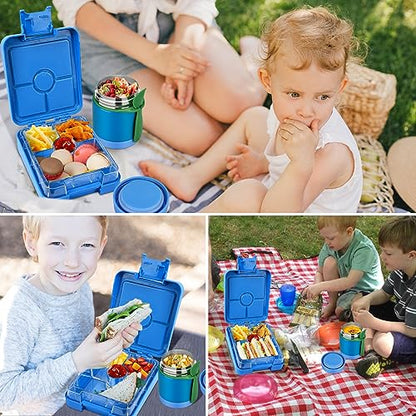 Bento Lunch Box Set for Kids with 10oz Soup Thermo, Leak-Proof Lunch Containers with 4 Compartment, Thermo Hot Food Jar and Insulated Lunch Bag for Kids to School,BPA-Free(Blue) - color: Blue