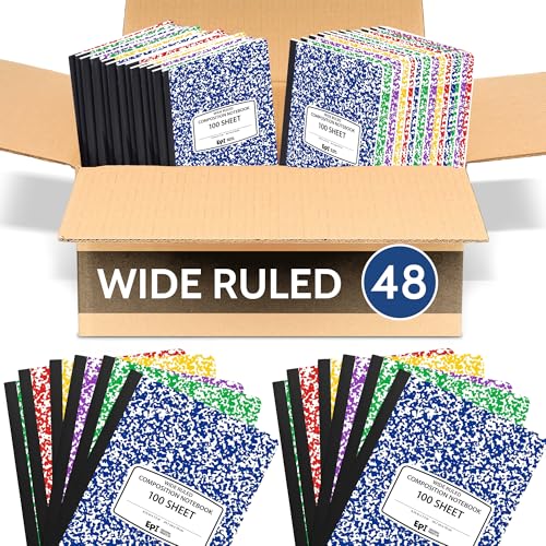 48 Pack - EPI Wide Ruled Composition Notebook Assorted Marble Colors - 200 Pages (100 Sheets), 9-3/4 x 7-½ - Classroom Back to School Supplies, Heavy Duty, Durable Hardcover Office Notebooks, Sewn - size: Pack of 48, style: Assorted - Wide