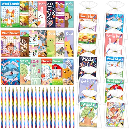 Elfew Activity Books Party Favors Set for Kids 4-8, 20 Pack Small Activity Books with 20 Colored Pencils and Gift Bags for Kids Age 8-12, Puzzles Books for Birthday Gift, Classroom Supplies - style: 20 Activity Books Party Favors Set