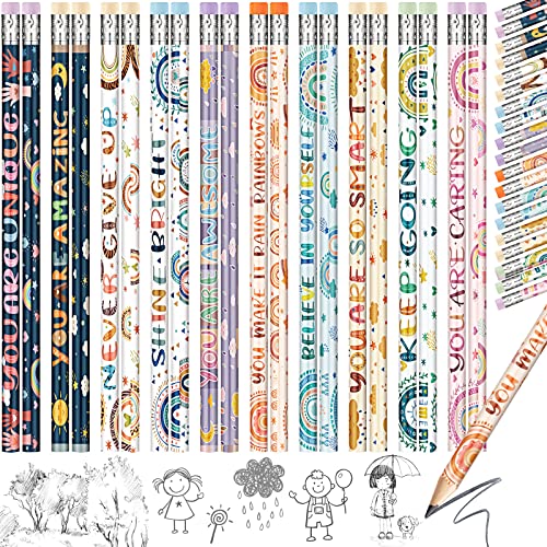 Funrous 60 Pieces Motivational Pencils Bulk Fun Boho Rainbow Inspirational Pencils with Sayings Welcome Back to School for Classroom 2nd 3rd Grade
