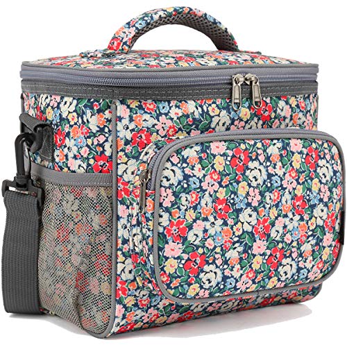 FlowFly Insulated Reusable Lunch Bag Adult Large Lunch Box for Women and Men with Adjustable Shoulder Strap,Front Zipper Pocket and Dual Large Mesh Side Pockets,Floral - color: Floral