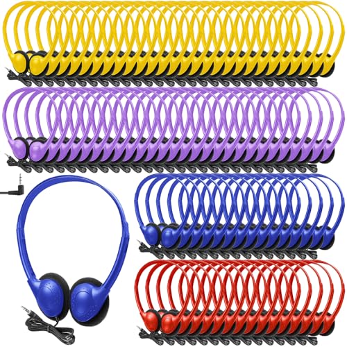 Hoteam 100 Pack Headphones for Classroom Bulk Students Adjustable Headphones Wired Pack Black Over the Head Earphones with 3.5 mm Plug for School Library Museums Charity Donate (Vivid Color,Classic) - color: Vivid Color, style: Classic