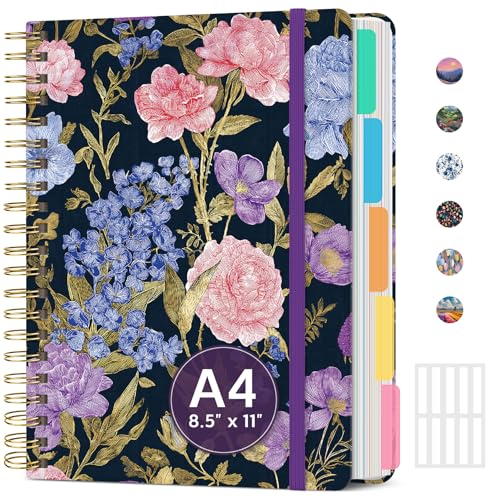 Large Spiral Lined Notebook for Work with Dividers & Tabs, 8.5"x11" Hardcover 5 Subject Notebook, College Ruled, 280 Pages, Royal Blooms - color: I - Royal Blooms