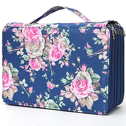 Vomgomfom 252 Slots Pencil Bag, 5-Layer Zipper Art Supply Organizer, PU Leather Portable Colored Pencil Case with Handle for 252 Watercolor Pens, Gel Pens (Blue Rose) - color: C Blue Rose, size: 252 Slots