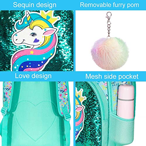 gxtvo 3PCS Girls Backpack, 16" Sequin Prechool Elementary Bookbag and Lunch Box - color: Unicorn Green