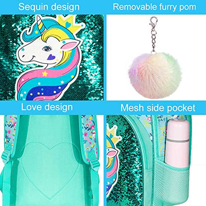 gxtvo 3PCS Girls Backpack, 16" Sequin Prechool Elementary Bookbag and Lunch Box - color: Unicorn Green