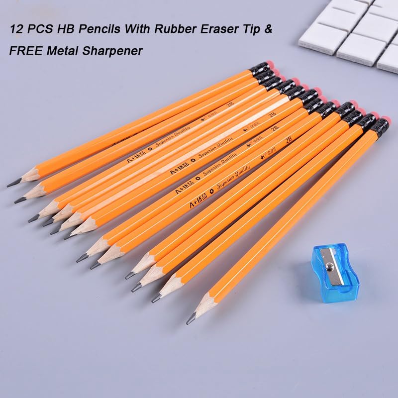 SagaSave 12 Pcs Multipurpose HB Pencils with Metal Sharpener Soft Hold for Painting Sketching Classroom Office (Red)