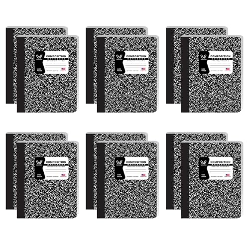 Composition Notebooks 12 Pack Wide Ruled Paper Black Marble Composition Books 100 Sheets / 200 Pages 9-3/4" x 7-1/2" School Supplies Sturdy Sewn Binding Notebook for Student College Office Writing Book - size: WIDE RULED-12 PACK