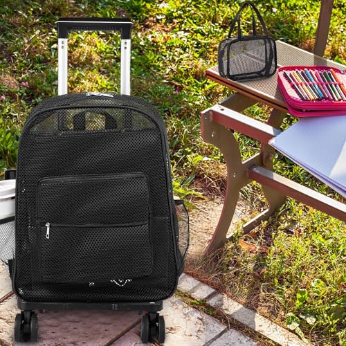 Amylove 17'' Rolling Clear Backpack Set Heavy Duty Bags with Pockets Wheeled See Through Backpack(Black,Novelty,Mesh) - color: Black, style: Novelty
