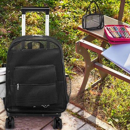 Amylove 17'' Rolling Clear Backpack Set Heavy Duty Bags with Pockets Wheeled See Through Backpack(Black,Novelty,Mesh) - color: Black, style: Novelty