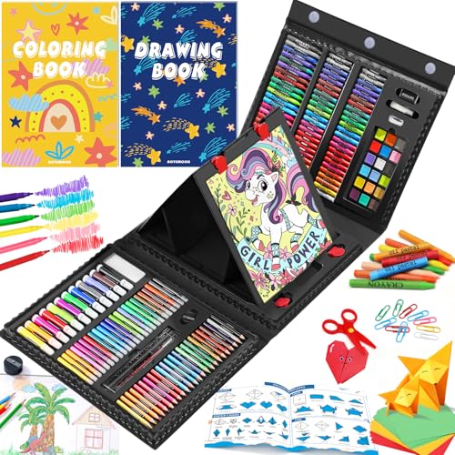 All in One Art Supplies with Drawing Kit, Origami & Paper-Cutting Crafts | Art Set with Easel, Colored Pencils, Crayons, Drawing & Coloring Book, Watercolor Markers and More for Kids Teens Girls Boys - color: Black