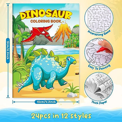 BenLouis 24 Dinosaur Mini Coloring Books Kids with 24 Stacking Crayons Dino Birthday Party Favors Activity Books Bulk for Kids Jurassic Goodie Bag Gift Stuffer Classroom Reward - style: Dinosaur