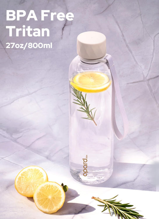 Opard Slim Pro Water Bottle 27oz, Plastic Water Bottle BPA-Free, Facetted Rubberized Grip-Texture Monocap, Leakproof Screw Top, Clear Cream, Reusable for Travel School Sport Gym Hiking - color: Clear Cream, size: 27 oz