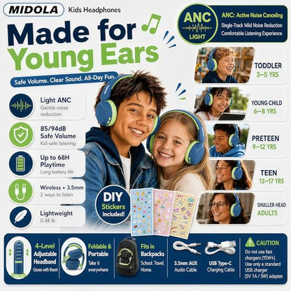 Kids Bluetooth Headphones Active Noise Cancelling,68H Play Time,Lightweight Wireless Foldable Over-Ear Headphone for Kid Toddler,Volume Limited 85/94dB,Headsets with Built-in Mic Blue - color: Deep Blue
