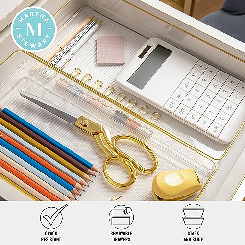Martha Stewart Kerry Plastic Stackable Office Desk Drawer Organizers, 12" x 6", 3 Pack, with Gold Trim - size: 12" x 6"