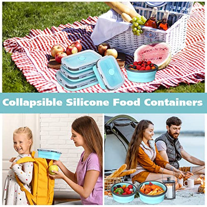 Mimorou 8 Pcs Collapsible Food Storage Containers Foldable Silicone Lunch Containers with Lids 4 Silicone Rectangle Collapsible Bowls and 4 Round Food Bowls Microwave Freezer Dishwasher Safe (Blue) - color: Blue
