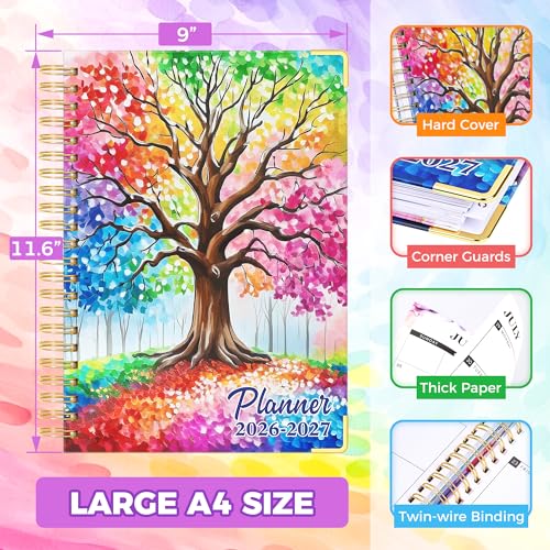 Academic Planner 2026-2027, 18 Months Weekly & Monthly Calendar Planner | July 2026 - Dec 2027, 9" x 11.6" A4 Size, Hardcover Daily Agenda with Tabs, Inner Pocket, Bookmark, Stickers, Sticky Note Set - color: Colorful Tree of Life, size: A4