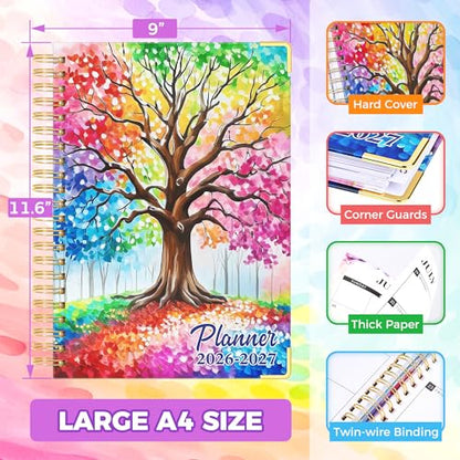 Academic Planner 2026-2027, 18 Months Weekly & Monthly Calendar Planner | July 2026 - Dec 2027, 9" x 11.6" A4 Size, Hardcover Daily Agenda with Tabs, Inner Pocket, Bookmark, Stickers, Sticky Note Set - color: Colorful Tree of Life, size: A4