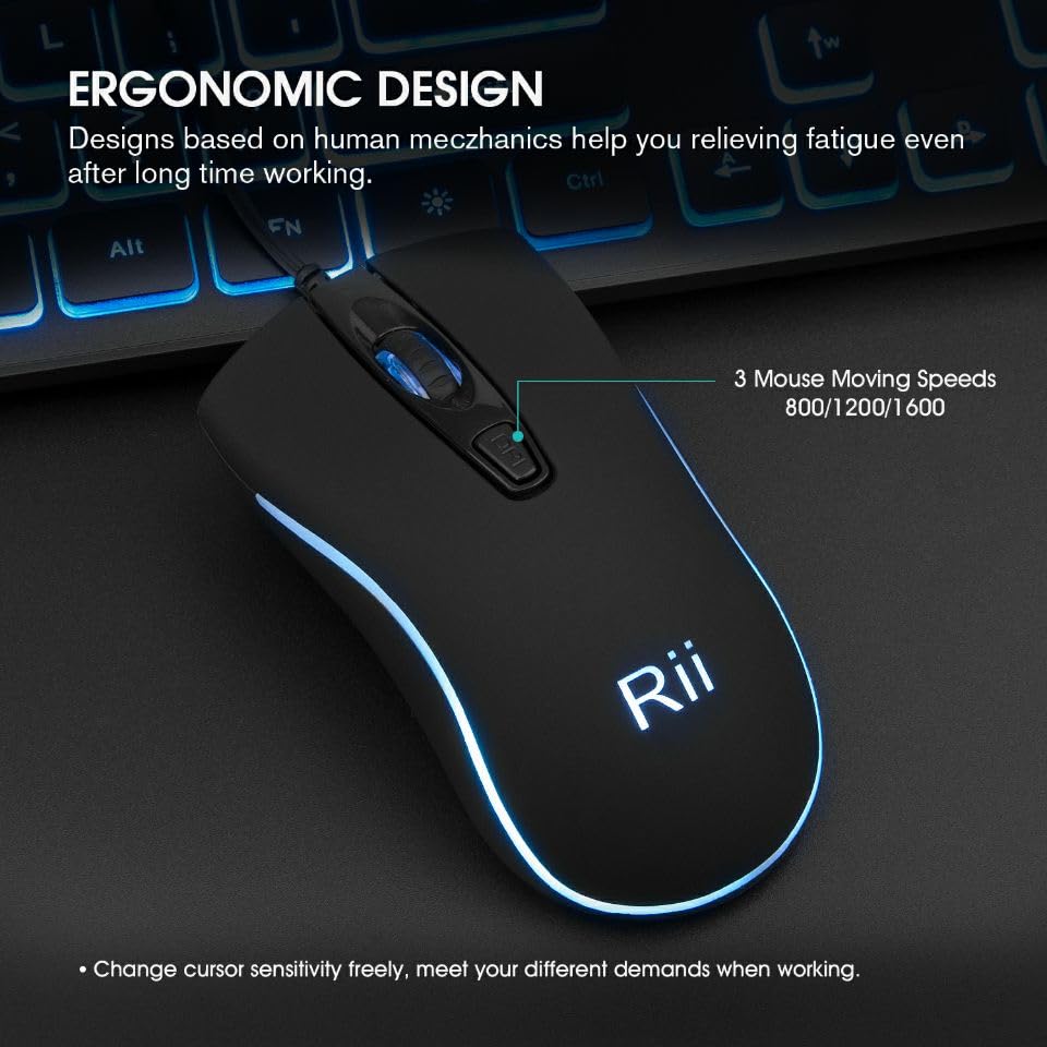 Rii Three Colors Backlit Keyboard and Mouse, Wired Keyboard and Mouse Combo, USB Keyboard and Mouse Set,Quiet Input Gaming Keyboard,Optical RGB Mouse for School,Office,Business and Gaming