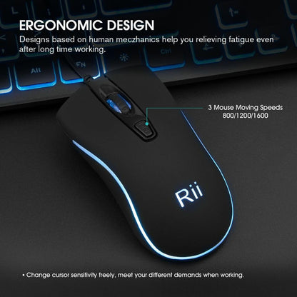 Rii Three Colors Backlit Keyboard and Mouse, Wired Keyboard and Mouse Combo, USB Keyboard and Mouse Set,Quiet Input Gaming Keyboard,Optical RGB Mouse for School,Office,Business and Gaming